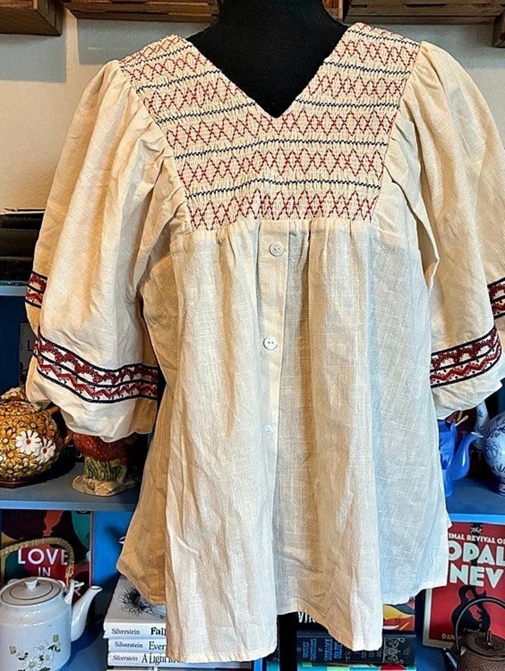 Haptics by Holly Harper Embroidered Cotton Tunic in Cream Size Medium